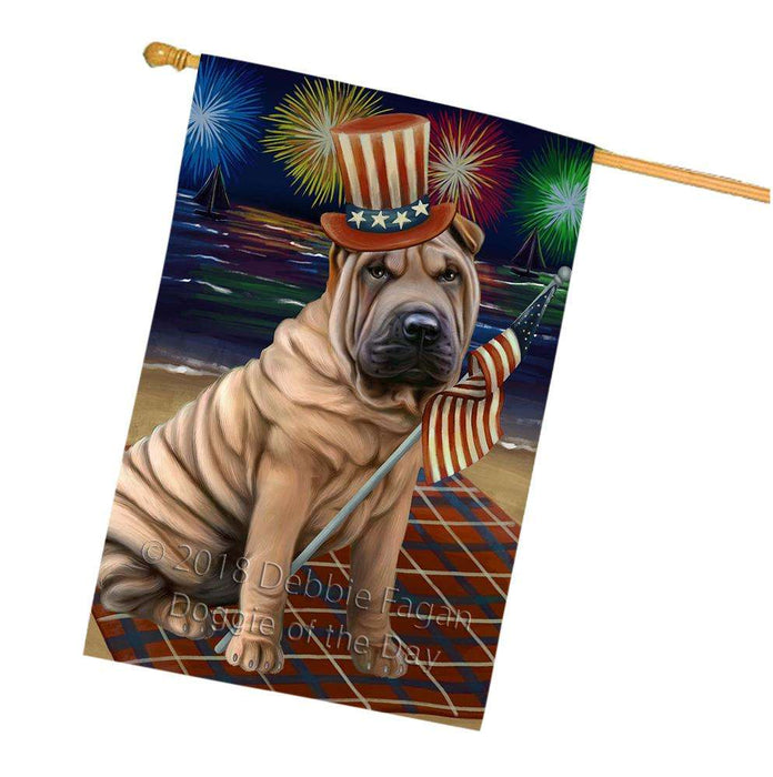 4th of July Independence Day Firework Shar Pei Dog House Flag FLG48963