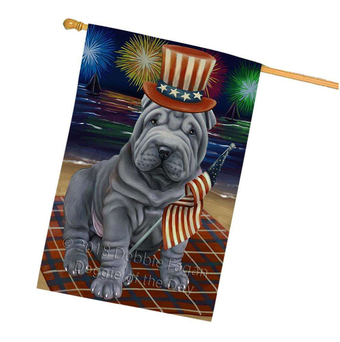 4th of July Independence Day Firework Shar Pei Dog House Flag FLG48965