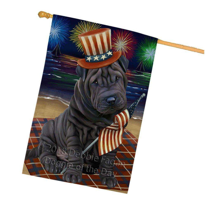 4th of July Independence Day Firework Shar Pei Dog House Flag FLG48966