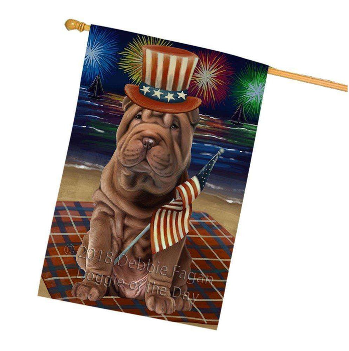 4th of July Independence Day Firework Shar Pei Dog House Flag FLG48967