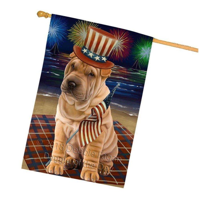 4th of July Independence Day Firework Shar Pei Dog House Flag FLG48968