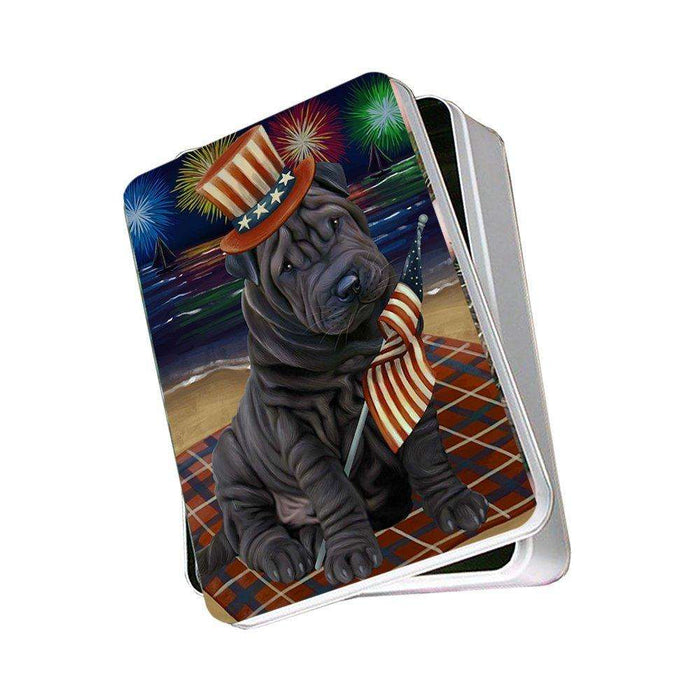 4th of July Independence Day Firework Shar Pei Dog Photo Storage Tin PITN49001