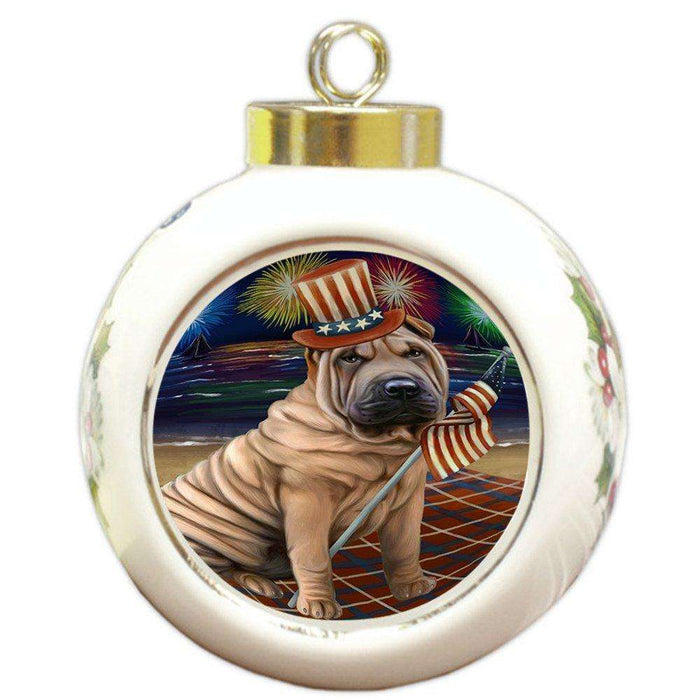 4th of July Independence Day Firework Shar Pei Dog Round Ball Christmas Ornament RBPOR48998