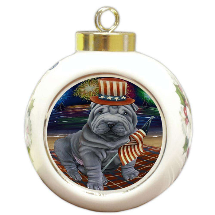 4th of July Independence Day Firework Shar Pei Dog Round Ball Christmas Ornament RBPOR49000