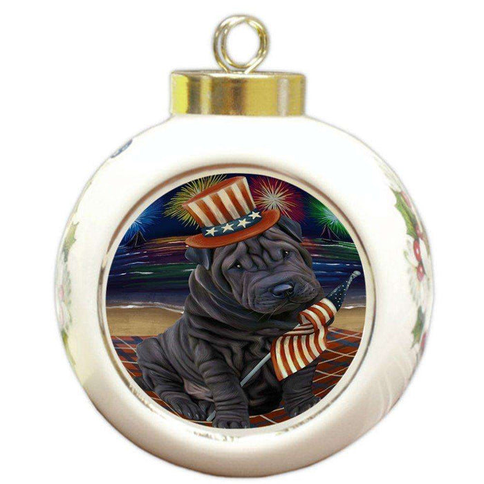 4th of July Independence Day Firework Shar Pei Dog Round Ball Christmas Ornament RBPOR49001