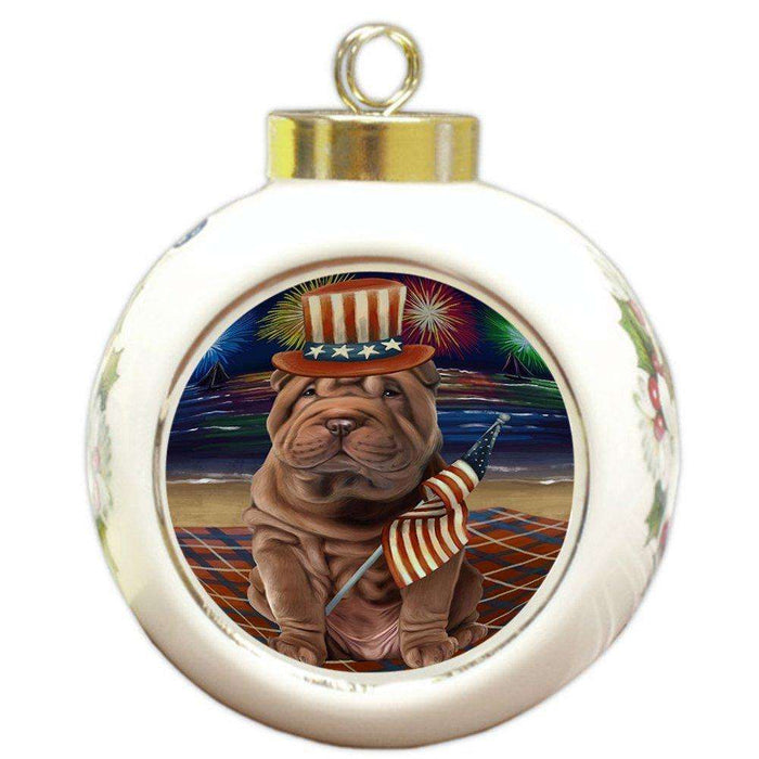 4th of July Independence Day Firework Shar Pei Dog Round Ball Christmas Ornament RBPOR49002
