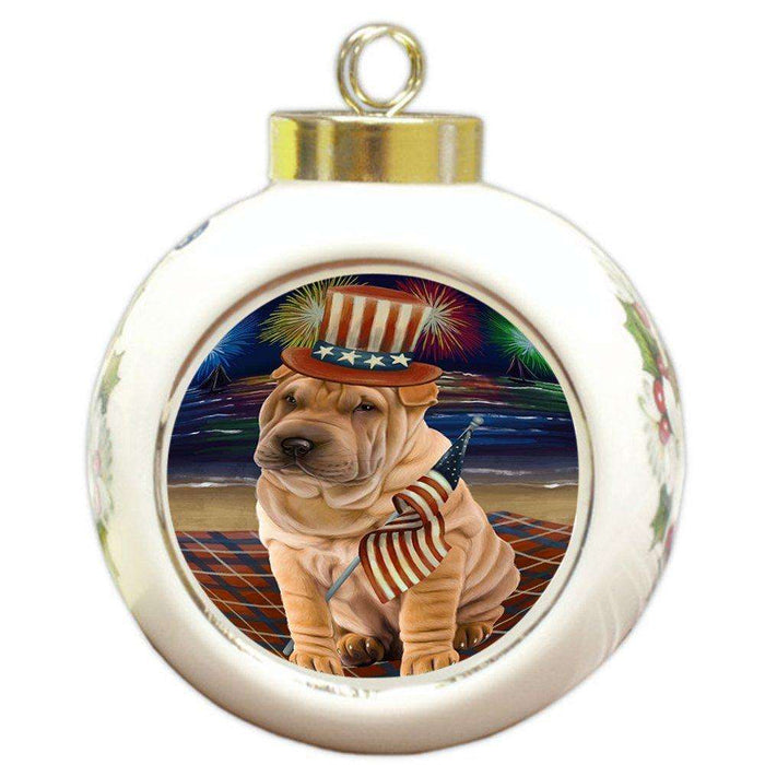 4th of July Independence Day Firework Shar Pei Dog Round Ball Christmas Ornament RBPOR49003