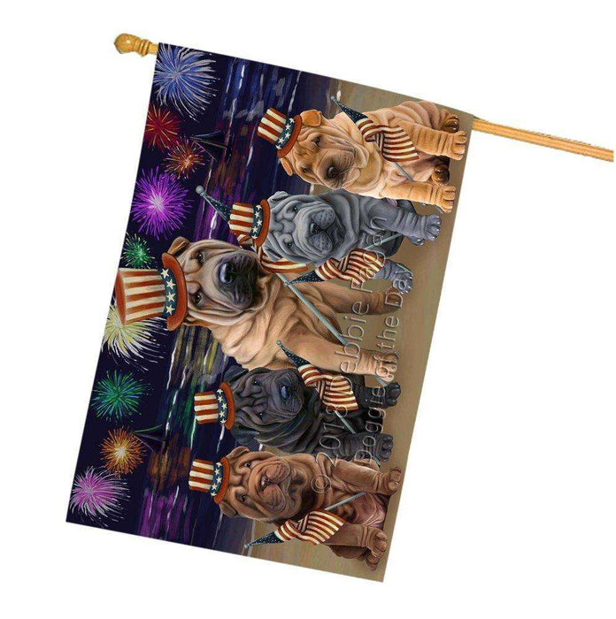 4th of July Independence Day Firework Shar Peis Dog House Flag FLG48964