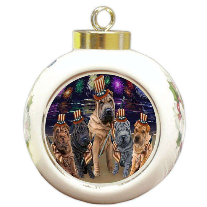 4th of July Independence Day Firework Shar Peis Dog Round Ball Christmas Ornament RBPOR48999