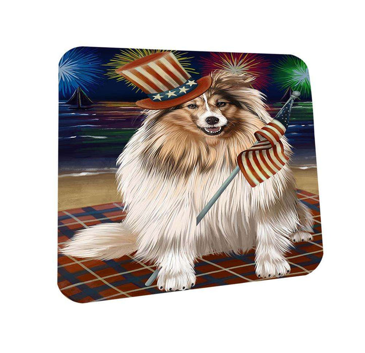 4th of July Independence Day Firework Shetland Sheepdog Coasters Set of 4 CST48963