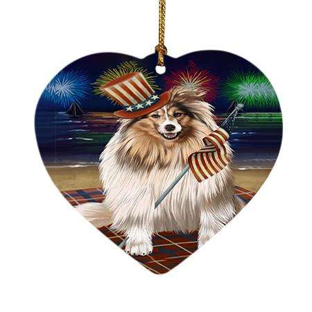 4th of July Independence Day Firework Shetland Sheepdog Heart Christmas Ornament HPOR49004