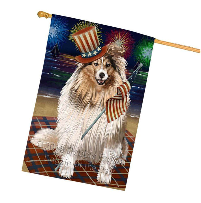 4th of July Independence Day Firework Shetland Sheepdog House Flag FLG48969