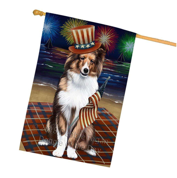 4th of July Independence Day Firework Shetland Sheepdog House Flag FLG48972