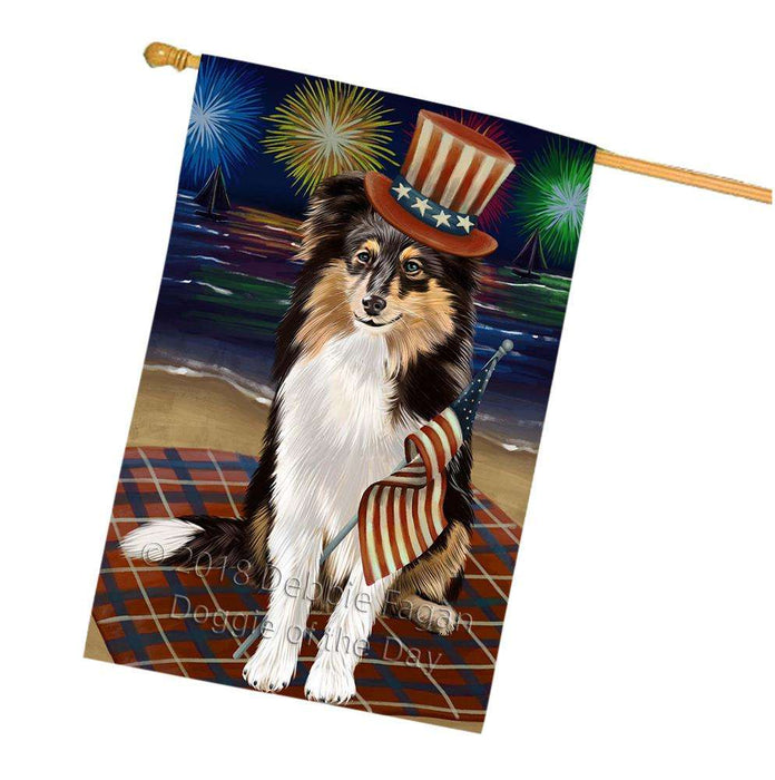 4th of July Independence Day Firework Shetland Sheepdog House Flag FLG48973