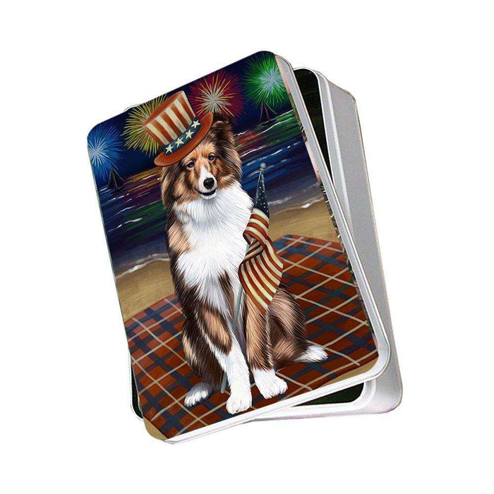 4th of July Independence Day Firework Shetland Sheepdog Photo Storage Tin PITN49007