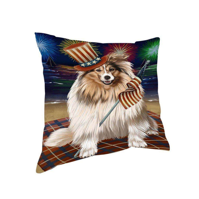 4th of July Independence Day Firework Shetland Sheepdog Pillow PIL51872