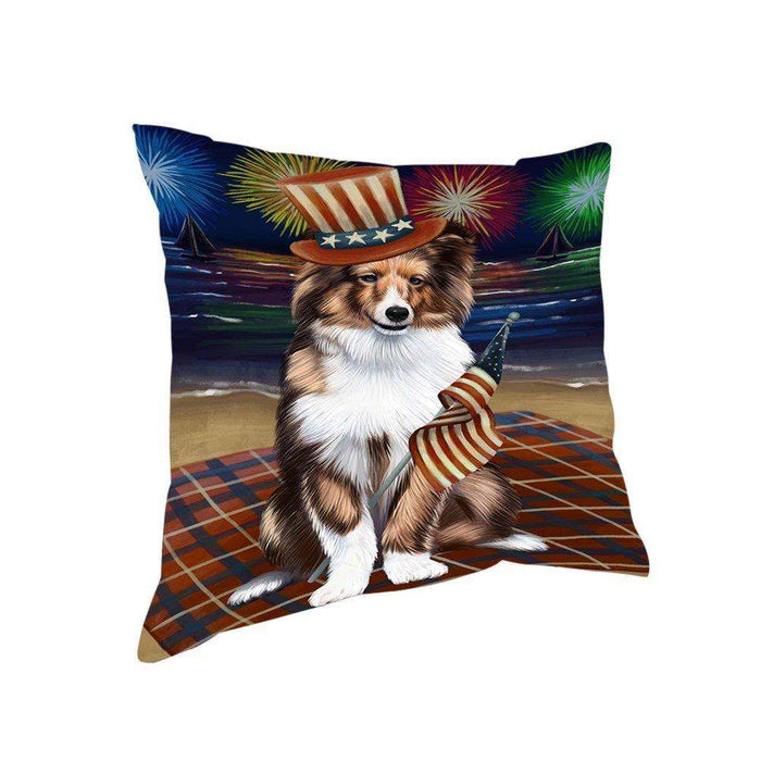 4th of July Independence Day Firework Shetland Sheepdog Pillow PIL51884