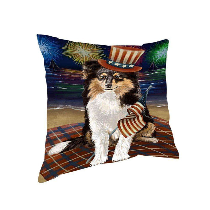 4th of July Independence Day Firework Shetland Sheepdog Pillow PIL51888