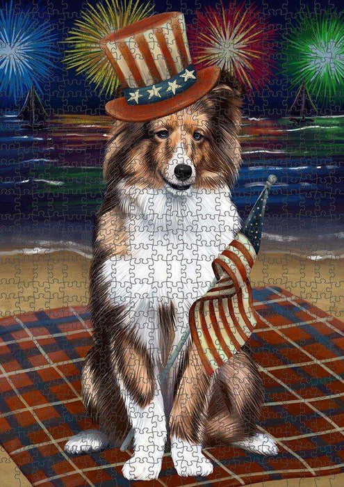 4th of July Independence Day Firework Shetland Sheepdog Puzzle with Photo Tin PUZL51204