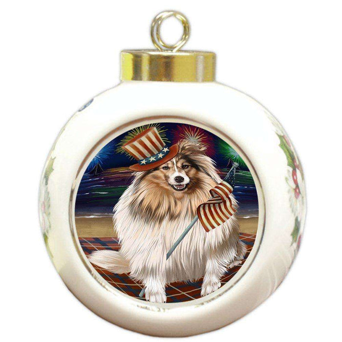 4th of July Independence Day Firework Shetland Sheepdog Round Ball Christmas Ornament RBPOR49004