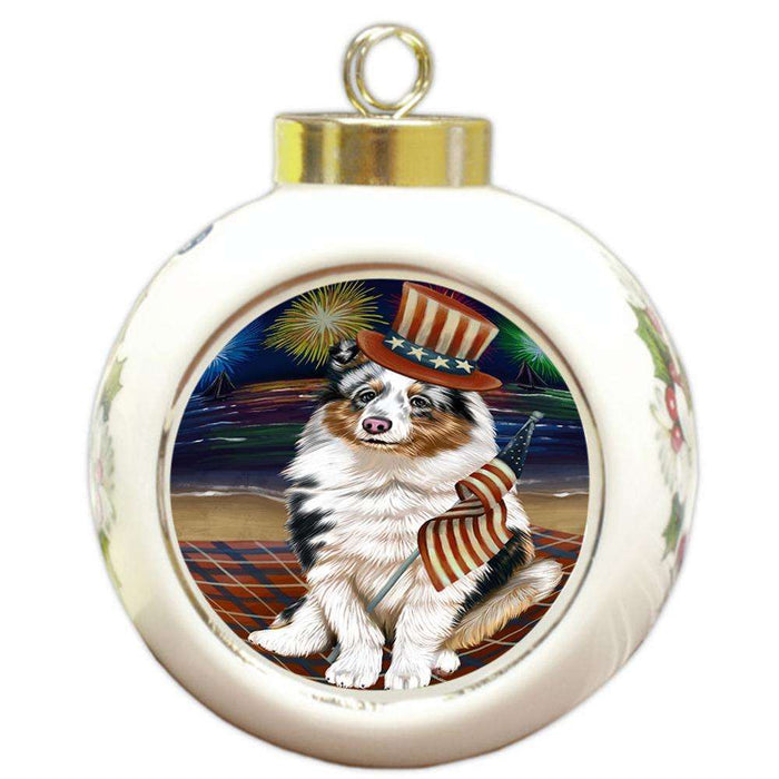 4th of July Independence Day Firework Shetland Sheepdog Round Ball Christmas Ornament RBPOR49006