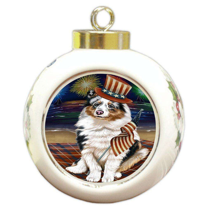 4th of July Independence Day Firework Shetland Sheepdog Round Ball Christmas Ornament RBPOR49006