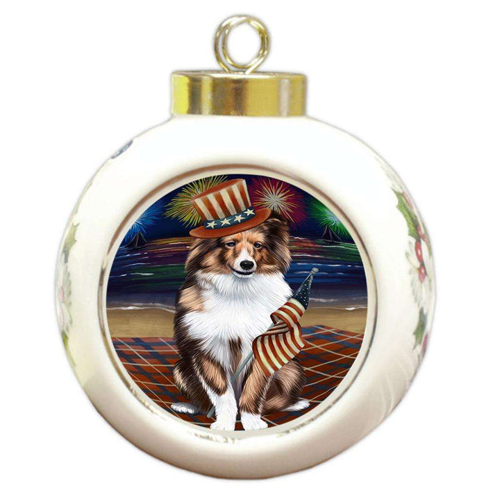 4th of July Independence Day Firework Shetland Sheepdog Round Ball Christmas Ornament RBPOR49007