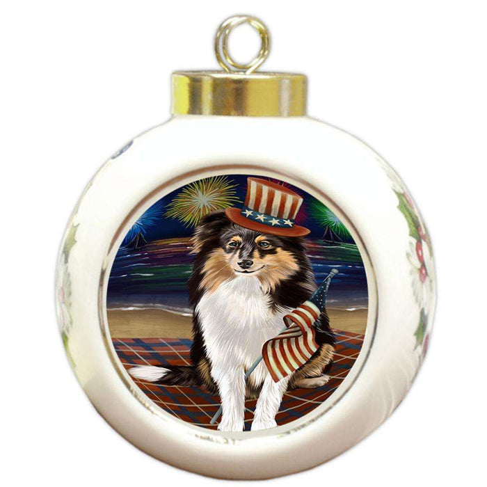 4th of July Independence Day Firework Shetland Sheepdog Round Ball Christmas Ornament RBPOR49008