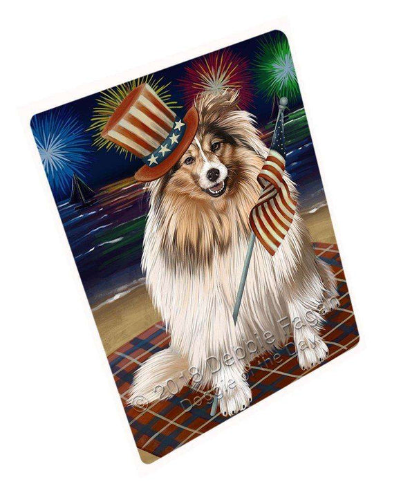 4th of July Independence Day Firework Shetland Sheepdog Tempered Cutting Board C50880