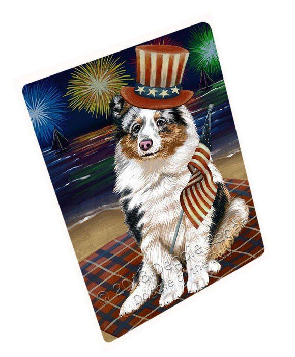 4th of July Independence Day Firework Shetland Sheepdog Tempered Cutting Board C50886