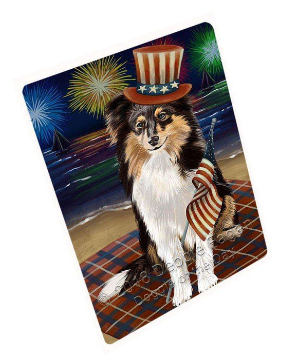 4th of July Independence Day Firework Shetland Sheepdog Tempered Cutting Board C50892