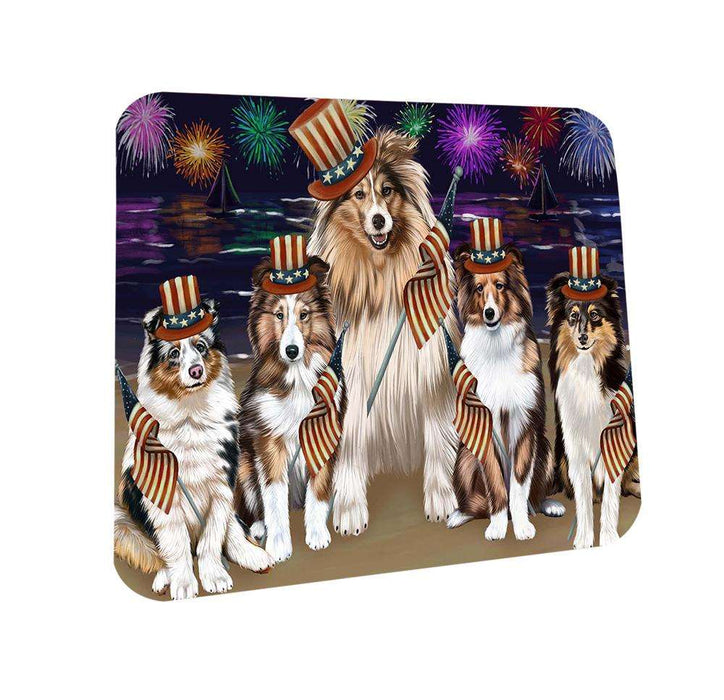 4th of July Independence Day Firework Shetland Sheepdogs Coasters Set of 4 CST48964