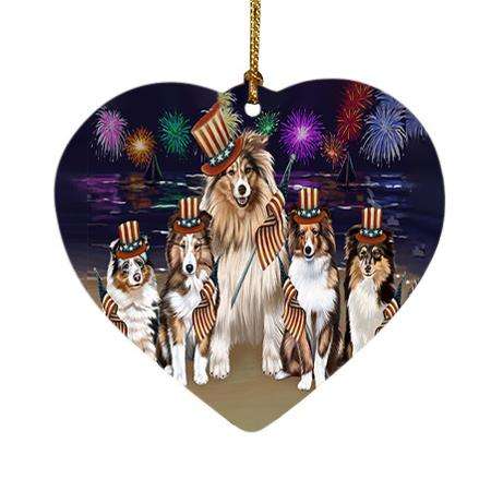 4th of July Independence Day Firework Shetland Sheepdogs Heart Christmas Ornament HPOR49005