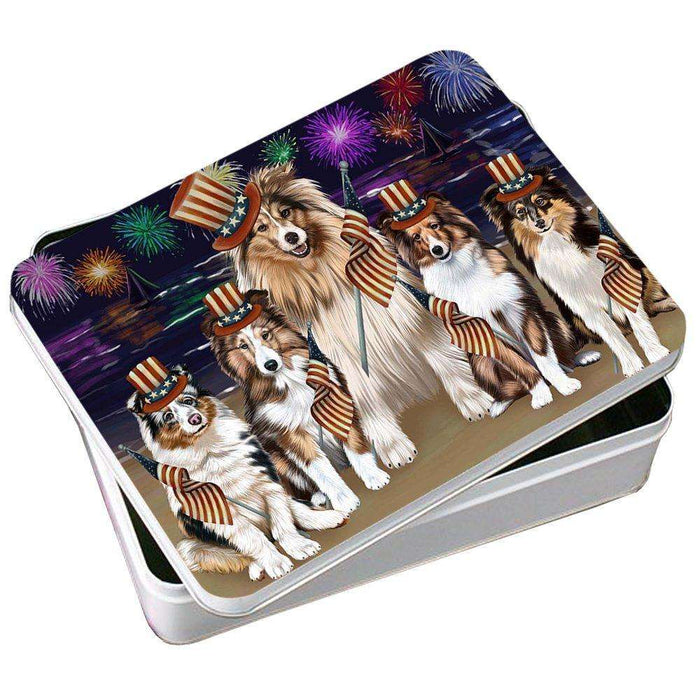 4th of July Independence Day Firework Shetland Sheepdogs Photo Storage Tin PITN49005