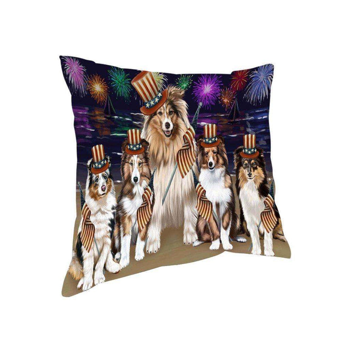 4th of July Independence Day Firework Shetland Sheepdogs Pillow PIL51876