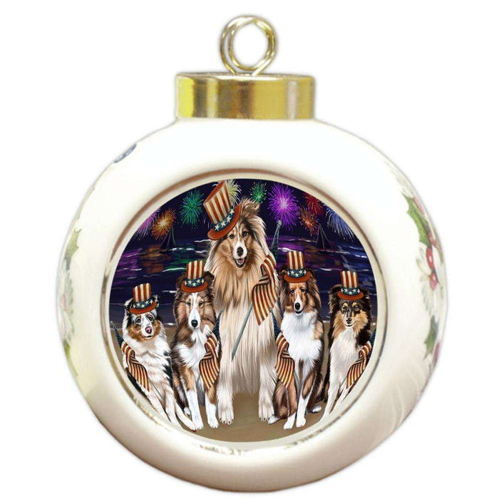 4th of July Independence Day Firework Shetland Sheepdogs Round Ball Christmas Ornament RBPOR49005