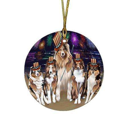 4th of July Independence Day Firework Shetland Sheepdogs Round Christmas Ornament RFPOR48996