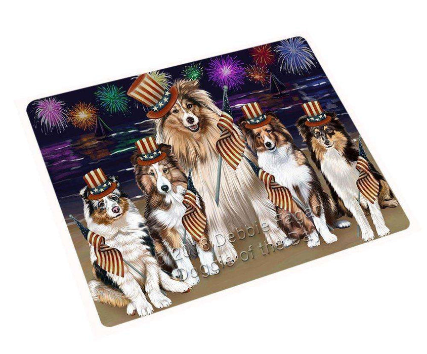 4th of July Independence Day Firework Shetland Sheepdogs Tempered Cutting Board C50883