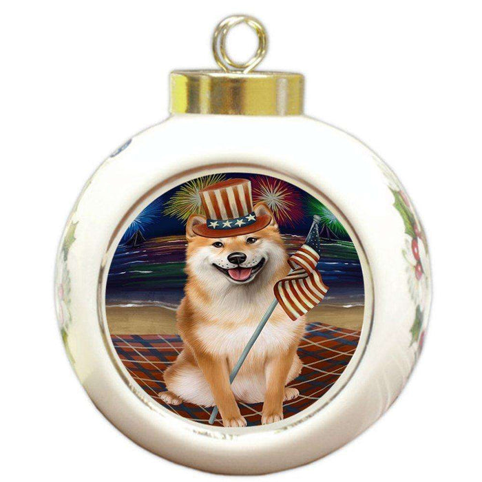 4th of July Independence Day Firework Shiba Inu Dog Round Ball Christmas Ornament RBPOR49009