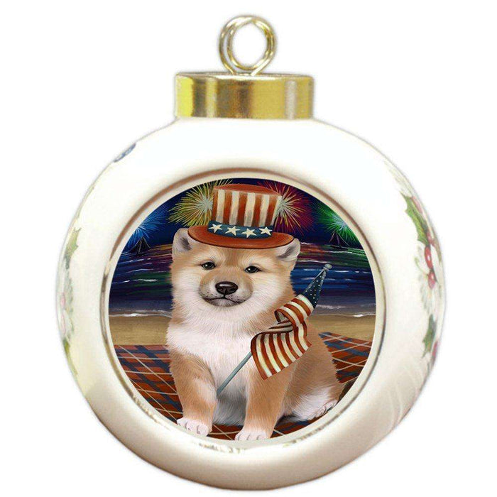 4th of July Independence Day Firework Shiba Inu Dog Round Ball Christmas Ornament RBPOR49011