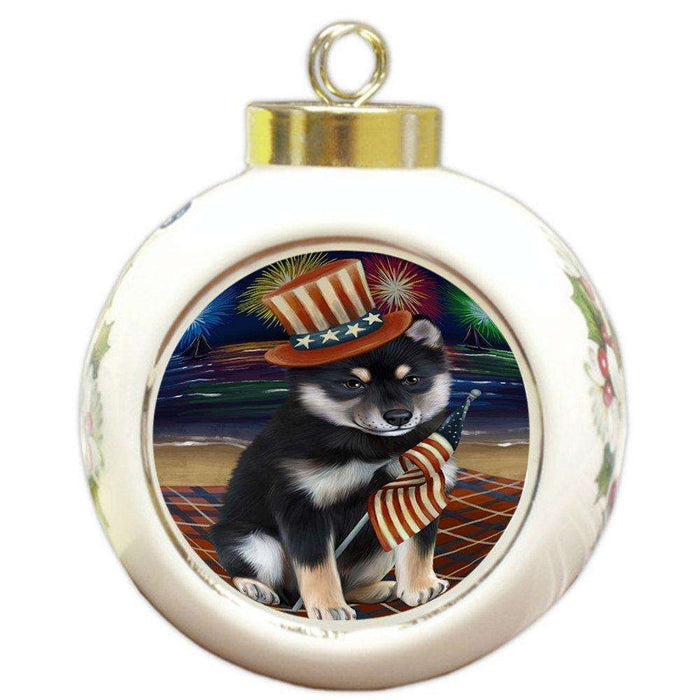 4th of July Independence Day Firework Shiba Inu Dog Round Ball Christmas Ornament RBPOR49012