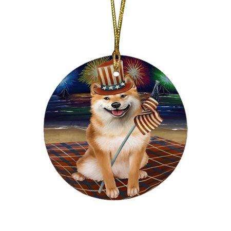 4th of July Independence Day Firework Shiba Inu Dog Round Christmas Ornament RFPOR49000