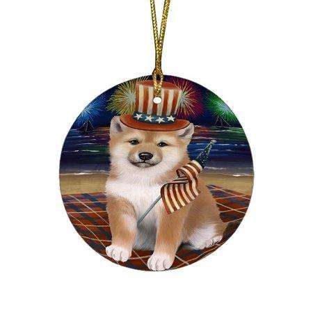 4th of July Independence Day Firework Shiba Inu Dog Round Christmas Ornament RFPOR49002