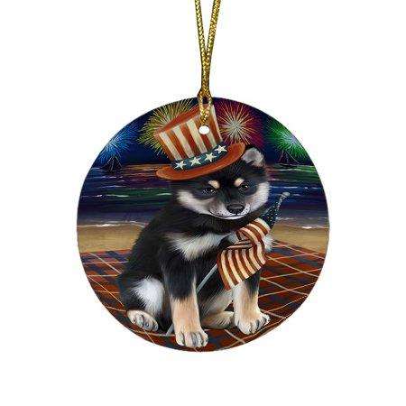 4th of July Independence Day Firework Shiba Inu Dog Round Christmas Ornament RFPOR49003