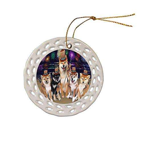 4th of July Independence Day Firework Shiba Inus Dog Ceramic Doily Ornament DPOR49010