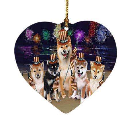 4th of July Independence Day Firework Shiba Inus Dog Heart Christmas Ornament HPOR49010