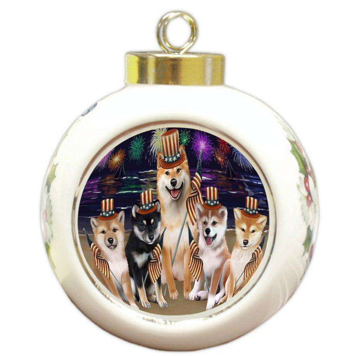 4th of July Independence Day Firework Shiba Inus Dog Round Ball Christmas Ornament RBPOR49010