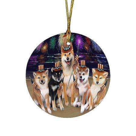 4th of July Independence Day Firework Shiba Inus Dog Round Christmas Ornament RFPOR49001