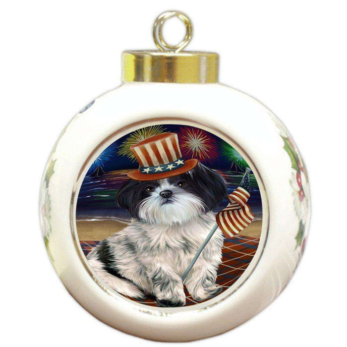 4th of July Independence Day Firework Shih Tzu Dog Round Ball Christmas Ornament RBPOR49013