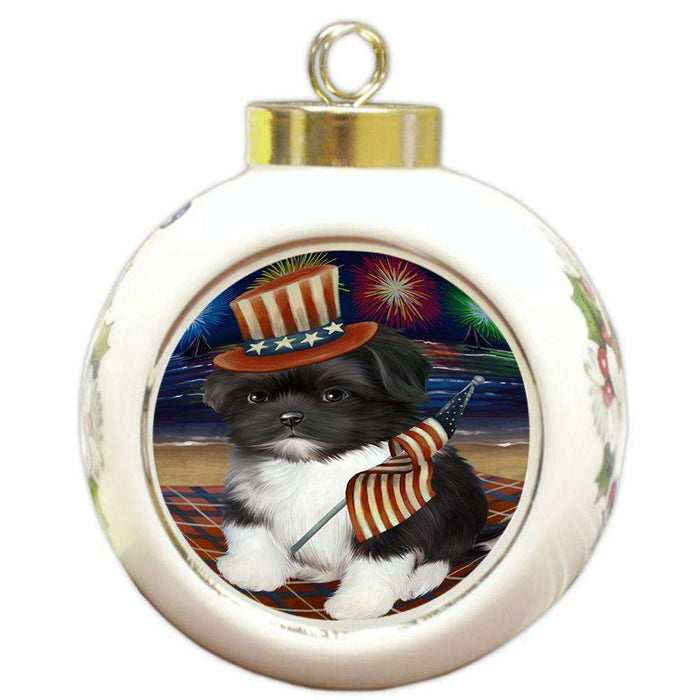 4th of July Independence Day Firework Shih Tzu Dog Round Ball Christmas Ornament RBPOR49015